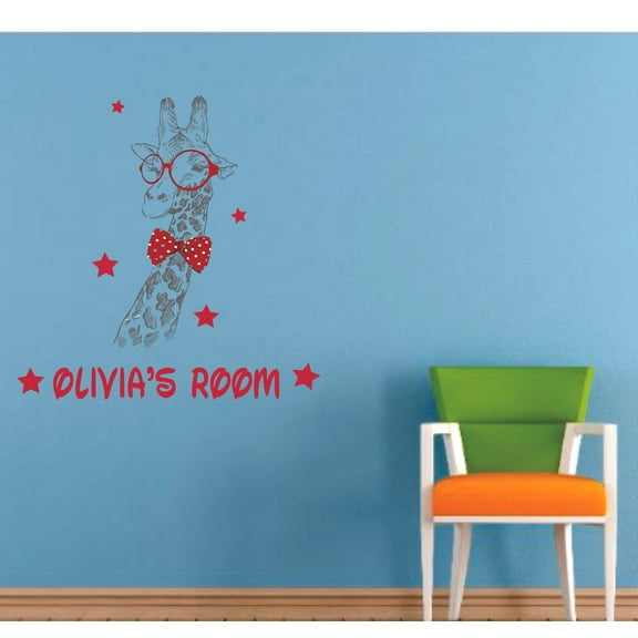 Hipster Giraffe Animal Cartoon Customized Wall Decal - Custom Vinyl Wall Art - Personalized Name - Baby Girls Boys Kids Bedroom Wall Decal Room Decor Wall Stickers Decoration Size (20x18 inch)