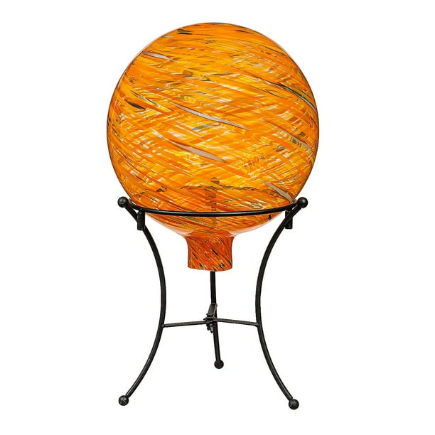 Evergreen 10" Art Glass Yellow Swirl Gazing Ball with Stand Garden and Yard Decor