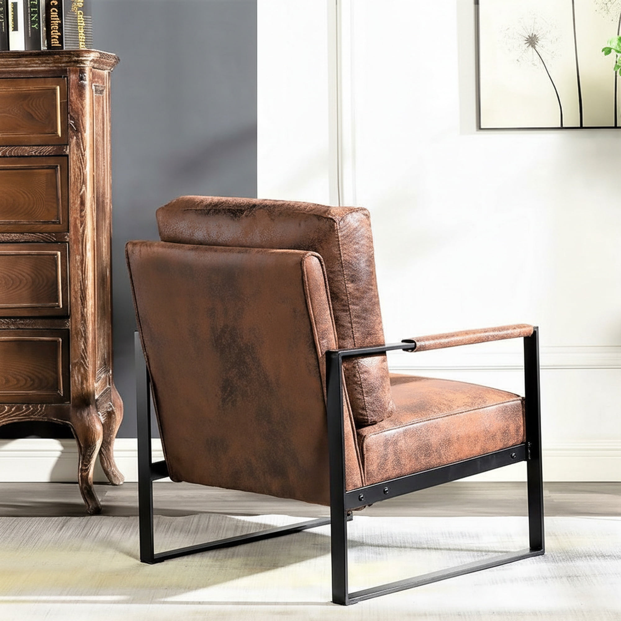 MOONMISS Mid-Century Modern Accent Chair,Black Square Metal Frame with Thick Cushion,Brown