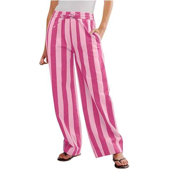 Lmnyox Striped Lounge Pants for Women High Waist Wide Leg Trousers with Pocket Fall Casual Drawstring Pants