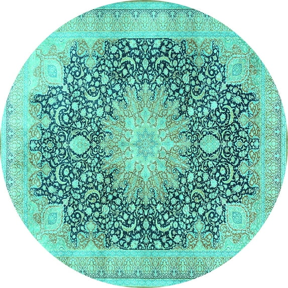 Ahgly Company Indoor Round Medallion Turquoise Blue Traditional Area Rugs, 5' Round