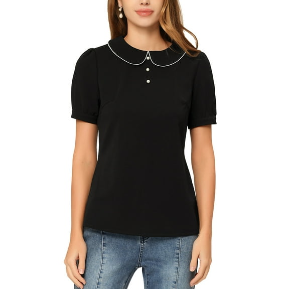 Unique Bargains Women's Peter Pan Collar Contrast Trim Puff Sleeve Blouse Top S Black