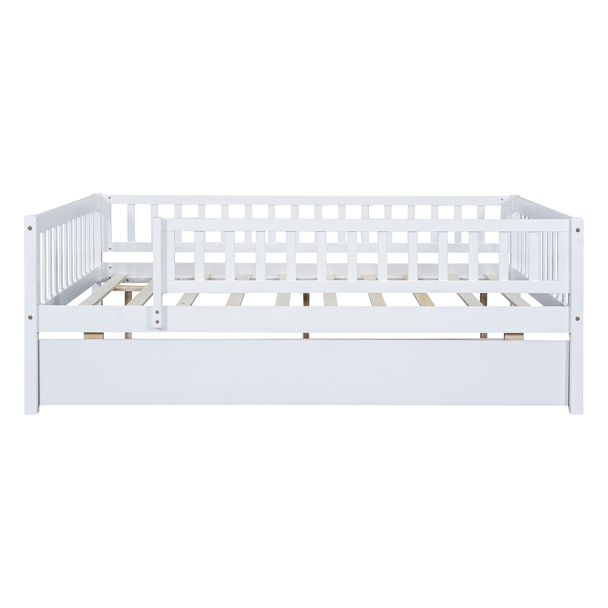 Full Size Wood Daybed with Trundle and Fence Guardrails, White