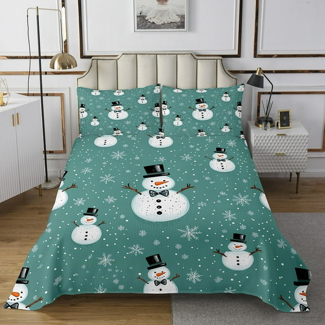Cartoon Snowman Quilt Set Cute Coverlet Set,Xmas Snowflake Bedspread Set King,Kawaii Quilted Christmas Decorations