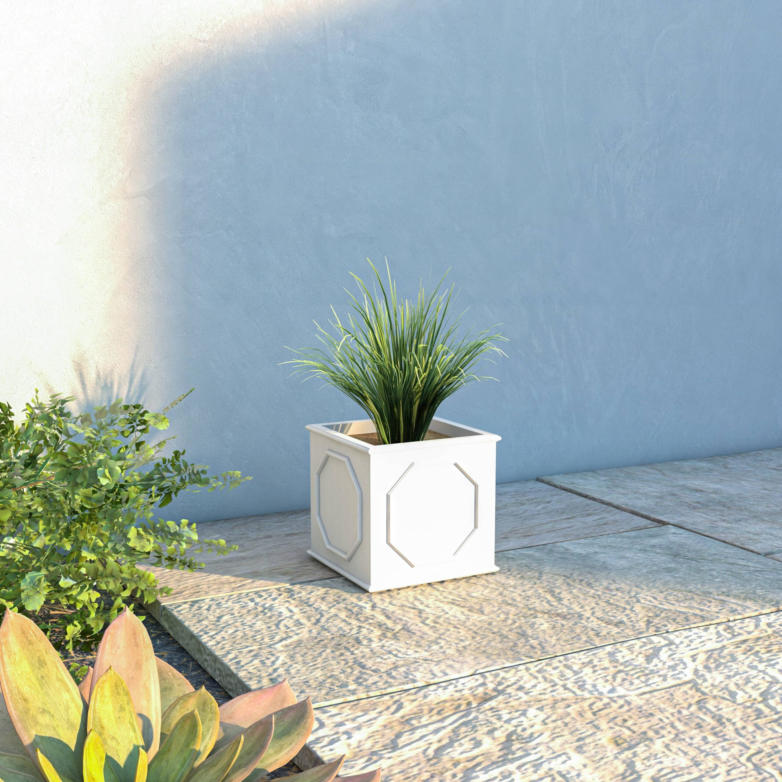 LeisureMod Sprout Series Cubic Fiber Stone Planter in White 8 Cube