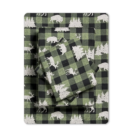 Mainstays Flannel Sheet Set Wildlife Plaid Green TwinXL - Walmart.com