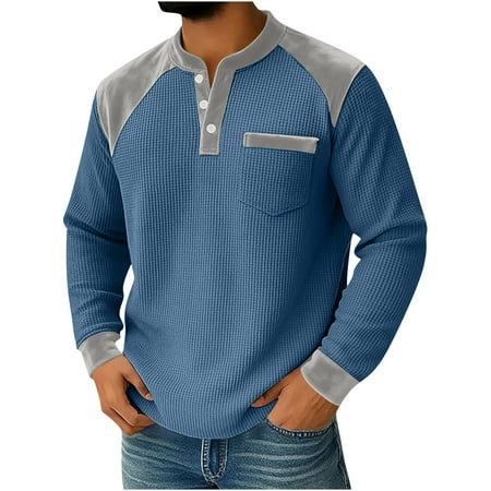 Mens Sweaters Fall Long Sleeve Waffle Shirts for Men Quarter Button V Neck Sweatshirt Velvet Patchwork Lightweight Golf Pullover Sweater Blouse Blue M