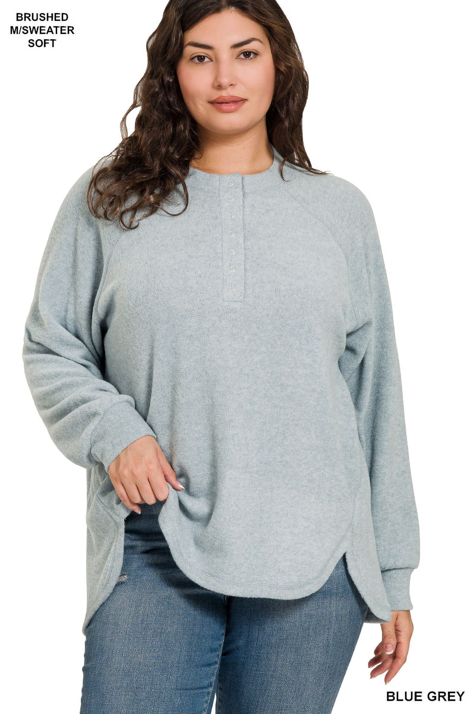 Zenana Women's Casual Brushed Melange Hacci Relaxed Fit 7-Button Henley Placket Light Sweater