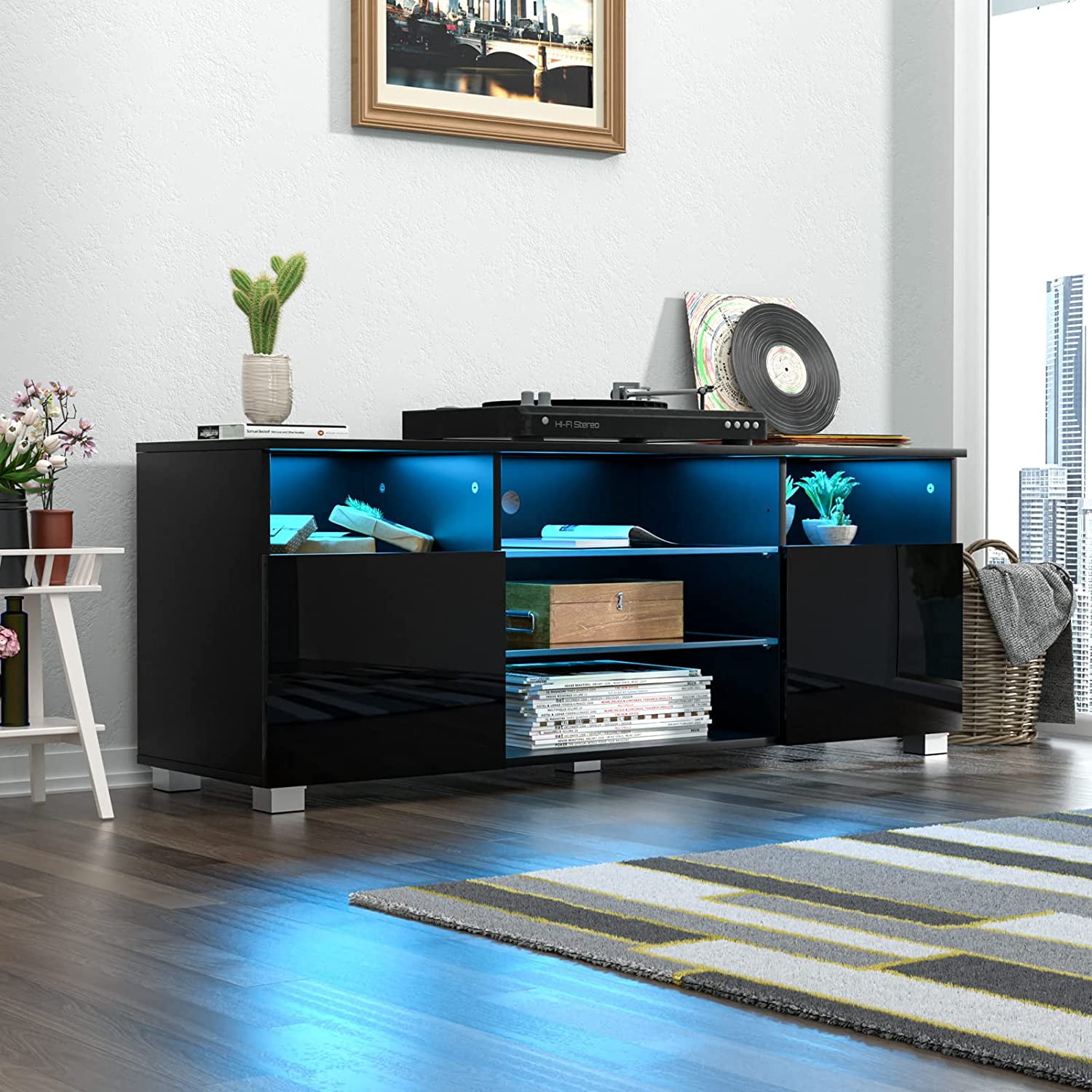 ChVans LED TV Stand for 55 inch TV, High Glass Modern Entertainment Center with LED Lights and Glossy Cabinets