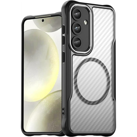 Case for Galaxy S24,Full-Body Rugged Carbon Fibre Protective Clear Back Hybrid Magnetic Wireless Charge Shockproof Protector Phone Case for Samsung Galaxy S24 5G,6.2 inch 2024 (Black)