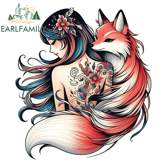 EARLFAMILY 5.1" Japanese Kitsune with Girl Tattoo Anime Car Decals Stickers