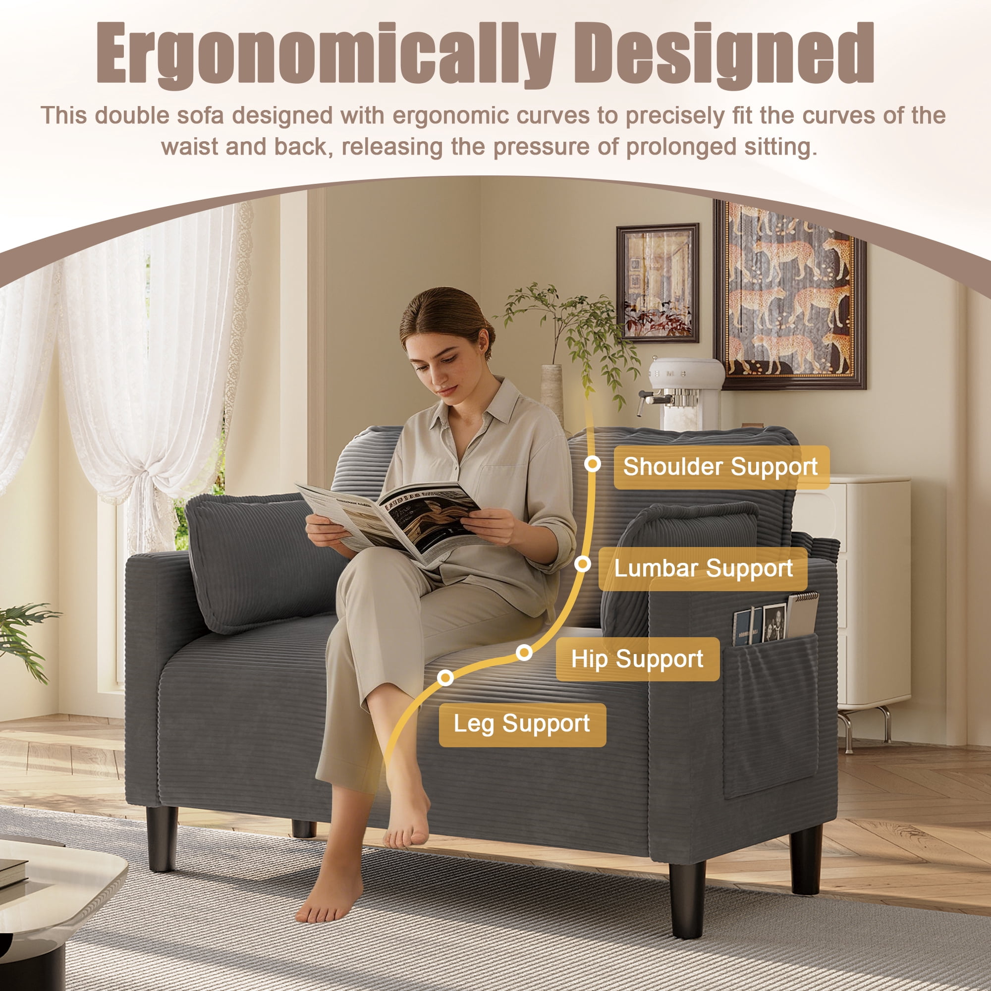 Loveseat Couch, 48 Inch Sofa, Corduroy Sofa with Convenient Side Storage Pocket, Composite Board and Solid Wood Frame, for Apartment Dorm Office, Grey