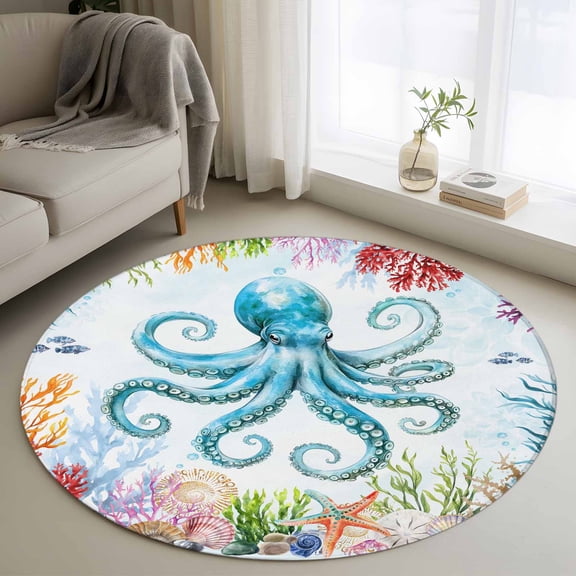 Octopus Coastal Round Area Rug 4 FT, Non Slip Indoor Outdoor Rug, Blue Nautical Summer Beach Ocean Washable Soft Circular Carpet Non-Shedding Floor Mat for Coffee Table Nursery Foyer Balcony