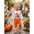thumbnail image 6 of Loicainy Infant Baby Girl Halloween Outfit 3 6 9 12 18 Months Letter Pumpkin Print Crew Neck Long Sleeve Rompers Bell-Bottoms Pants Headband 3Pcs Clothes Set, 6 of 9