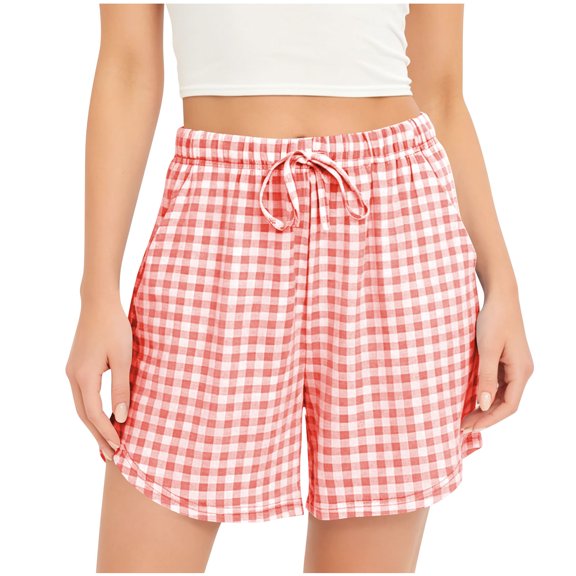 QIYAGBSA Gingham Drawstring Shorts for Women Elastic Waist with Pockets Relaxed Fit Casual Summer (Hot Pink L)