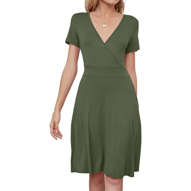 FcBaudy Robe à Manches Courtes Col en V Hauteur Genou, Robes d'Été pour Femmes, Robes de Mode pour Femmes Robe Longue Décontractée Col en V Longueur Genou
