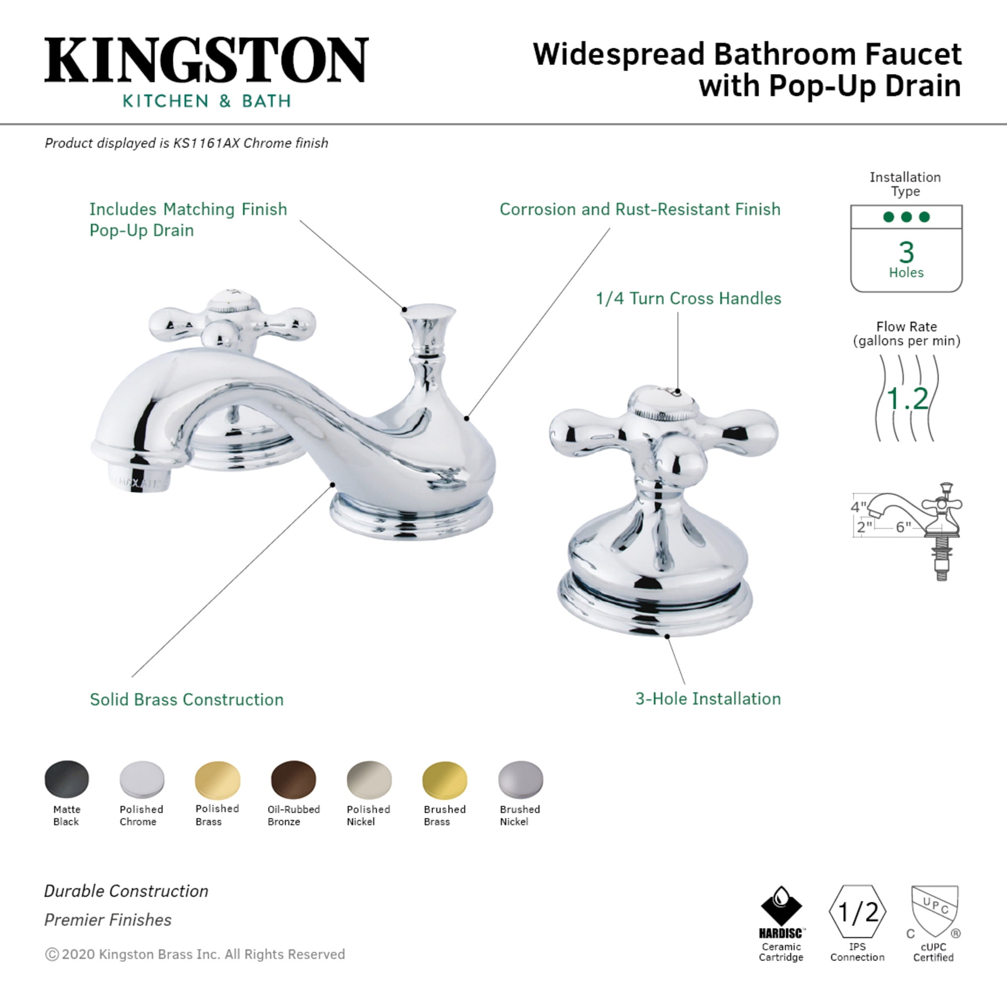 Kingston Brass KS1160AX Heritage Two-Handle 3-Hole Deck Mount Widespread Bathroom Faucet with Brass Pop-Up in Matte Black