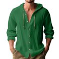 thumbnail image 3 of Men's Casual Button Down Hoodie Cotton Linen Blend Long Sleeve Round Neck Blouse, Soft Breathable Fabric For Daily Beach Vacation | Zenithor,Green 3XL, 3 of 9
