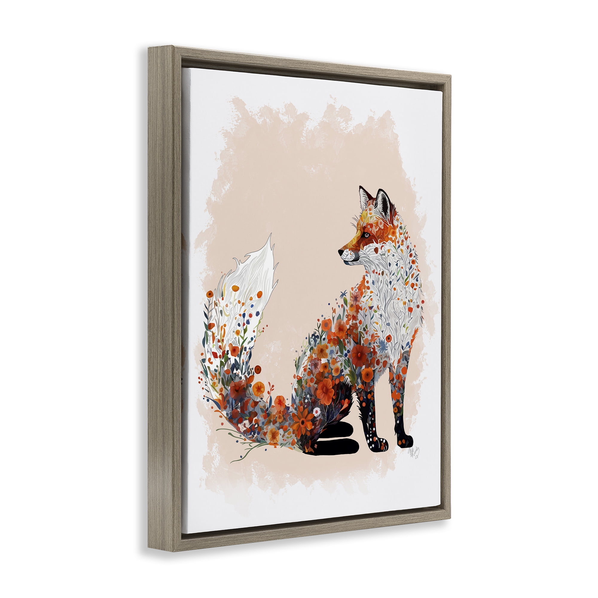 Stupell Industries Wildflower Patterned Fox Animals & Insects Painting Brown Floater Framed Canvas Art Print Wall Art, 25 x 31