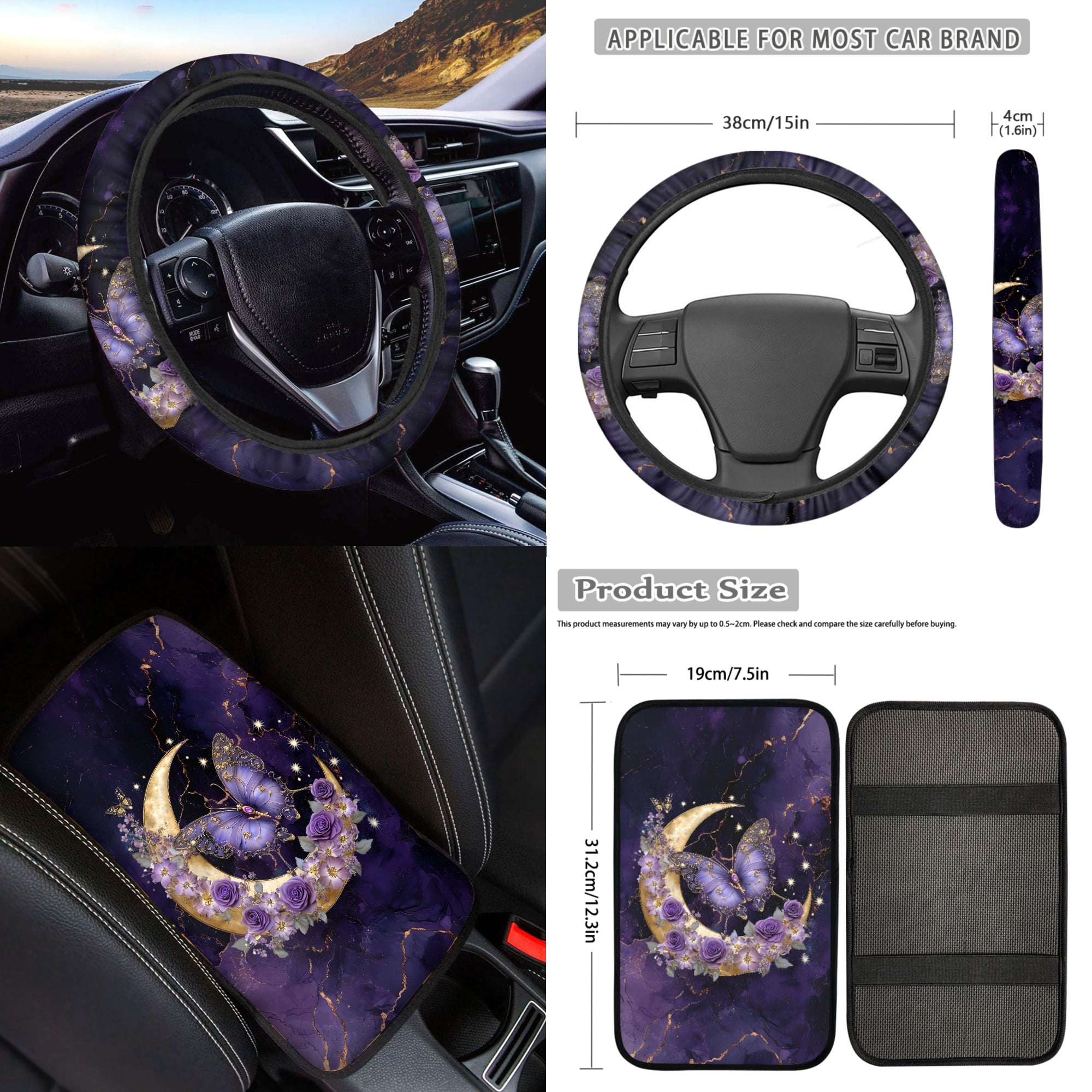 Jeiento Butterfly Car Seat Cover Full Set Car Floor Mats Steering Wheel Cover Seatbelt Cover Moon Armrest Cover Purple Universal Auto Interior Accessories Set for Women Men