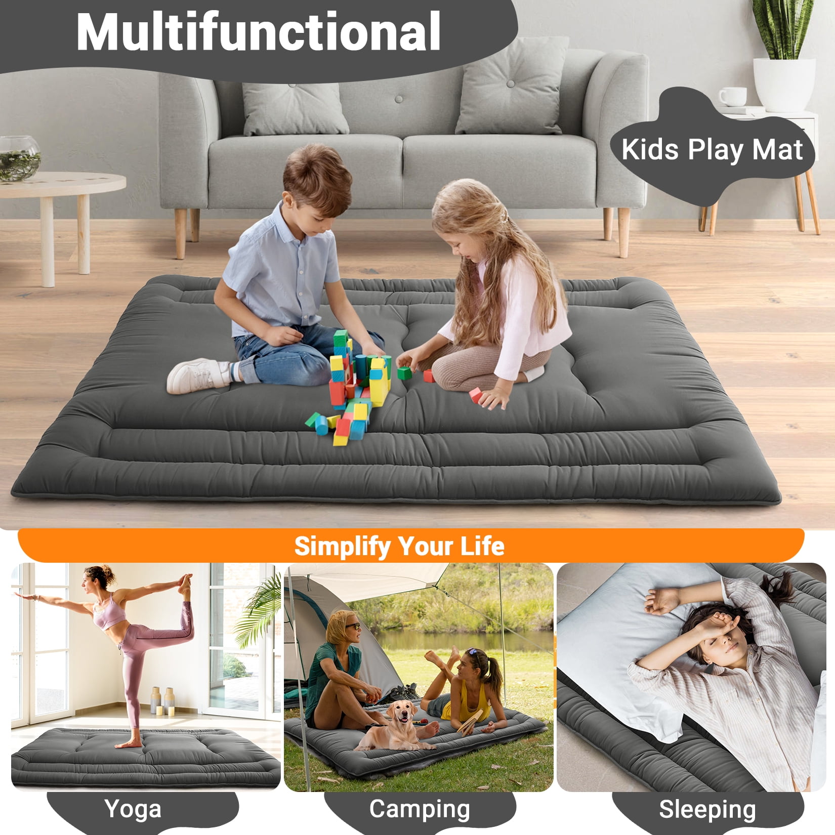Full Size Foldable Floor Mattress, Japanese-Style Roll-Up Foam Sleeping Mat, Space-Saving Tatami Floor Bed for Living Room or Bedroom, Dark Gray