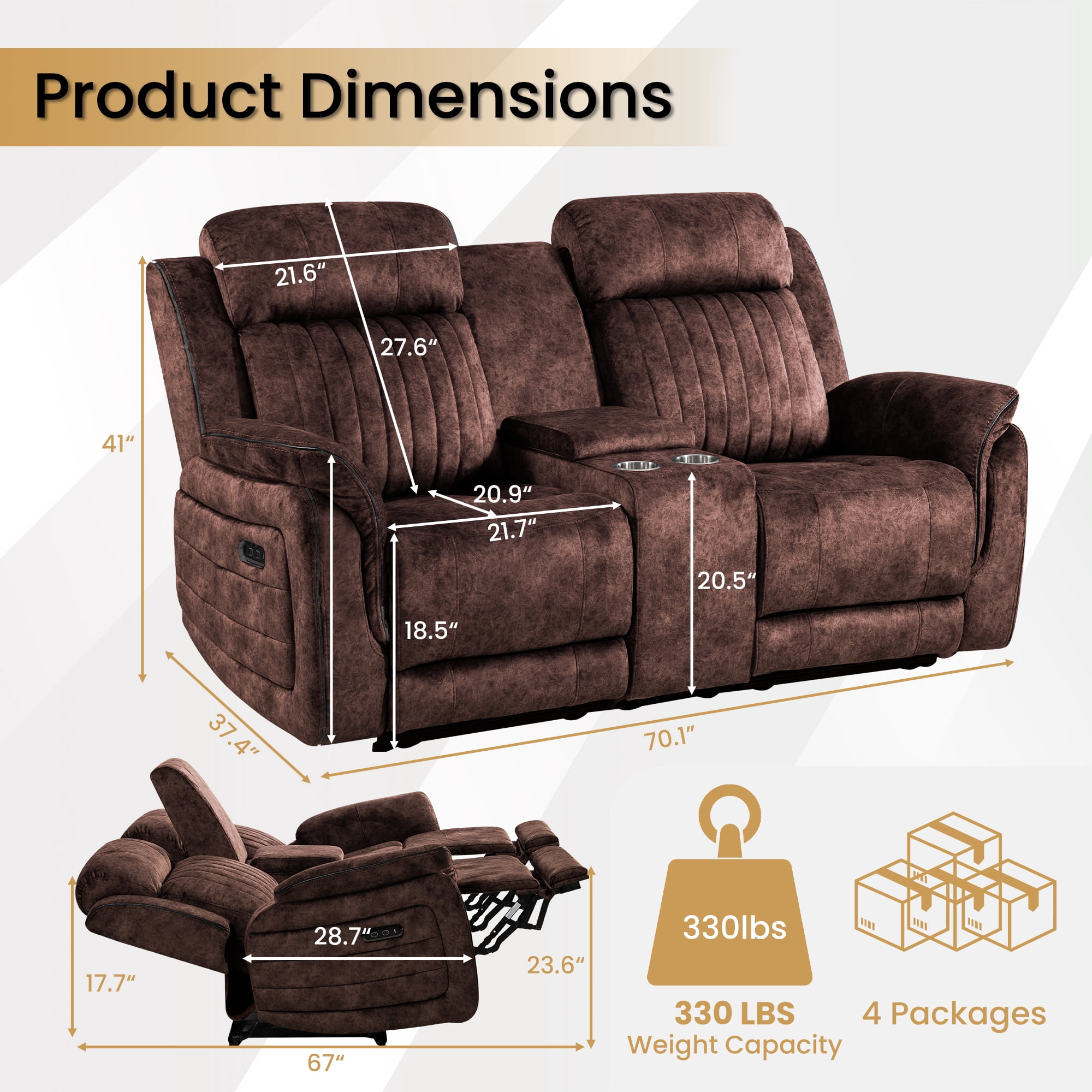 LVUYOYO Power Reclining Loveseat, Zero Gravity Loveseat Sofa with Adjustable Headrest, Storage Console, Cup Holders, Recliner Couch for Living Room (Brown)