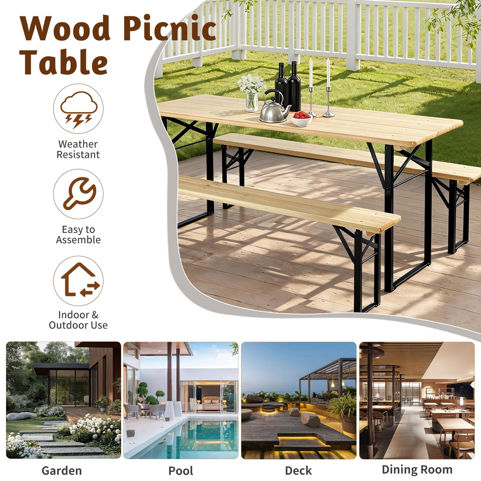 Ktaxon 6' Wooden Outdoor Folding Patio Camping Picnic Table Set with Bench
