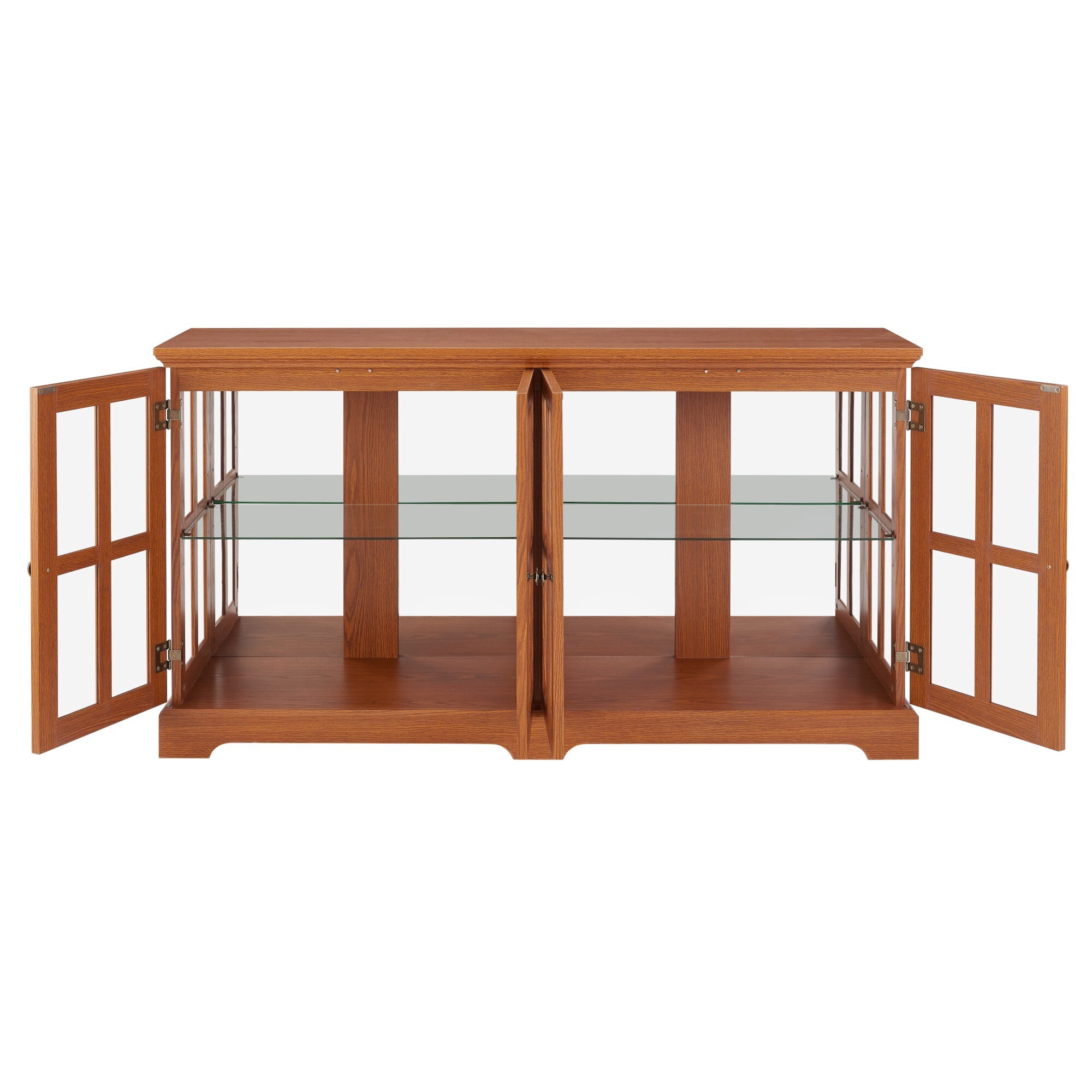 AENKYO Retro LED Glass Display Cabinet with Adjustable Shelves, Vintage Style Curio Showcase for Home, Dark Oak