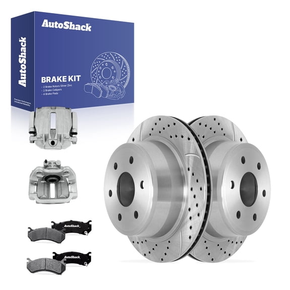 AutoShack Rear Vented Drilled & Slotted Silver Zinc Coated Brake Rotors   Ceramic Pads   Calipers 8-PC Brake Kit Replacement for 2007 Chevrolet Silverado 1500 Classic SilverShield Pro 12.8" (325 mm)