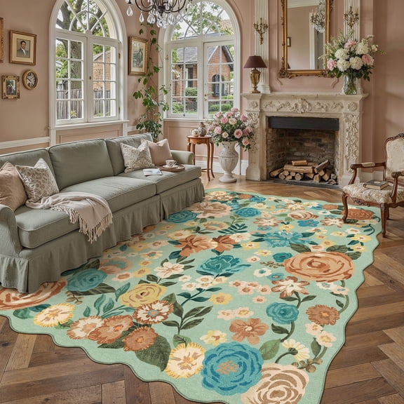 BERTHMEER Large 8'x10' Area Rugs for Living Room Green Floral Rugs for Bedroom Playroom Office Vintage Carpets Machine Washable Farmhouse Dining Room Oriental Flower Non Slip Rugs, Multicolor