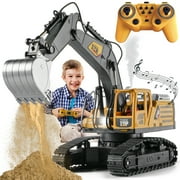 Remote Control Excavator Construction Toy, 14 Channel RC Digger with Simulating Real Engine Spray, 2 Battery, 680° Rotation, Metal Shovel, Lights and Sounds, Christmas Birthday Gift for Boys Kids