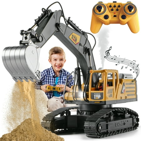 Remote Control Excavator Construction Toy, 14 Channel RC Digger with Simulating Real Engine Spray, 2 Battery, 680° Rotation, Metal Shovel, Lights and Sounds, Christmas Birthday Gift for Boys Kids