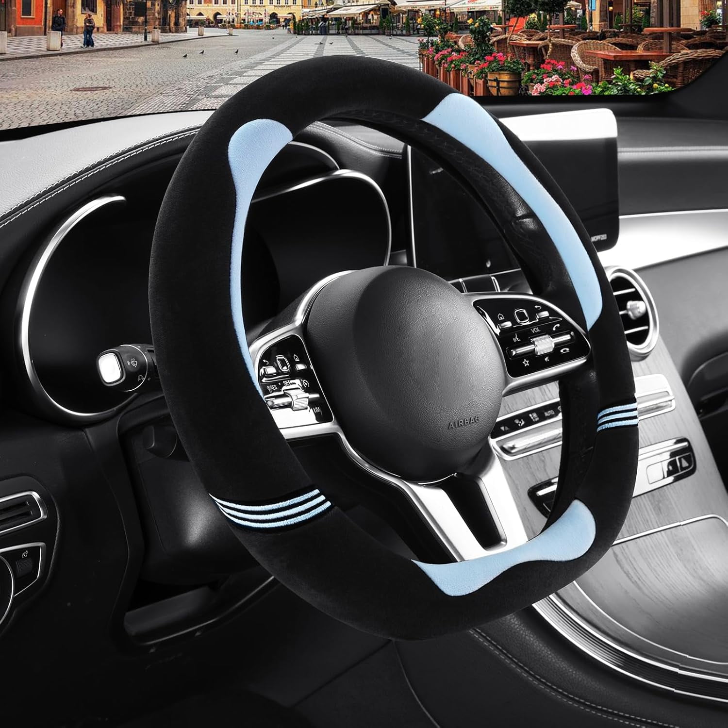 Furry Cute D Shaped Steering Wheel Cover, Soft Fluffy Short Plush Auto Accessories, Non-Slip Cold-Proof Sweat-Proof Colorfast, Universal 15 Inch, Black with Blue