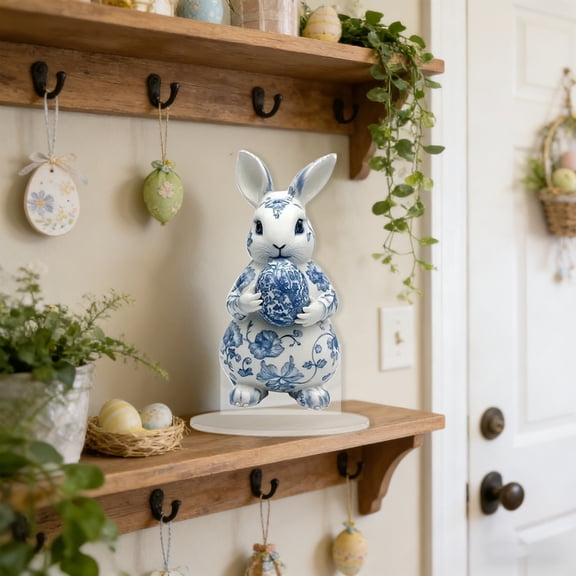 Easter Acrylic Bunny Tabletop Decor, Blue and White Porcelain Style Rabbit Figurine, Modern Home & Office Accent for Spring & Holiday Decor
