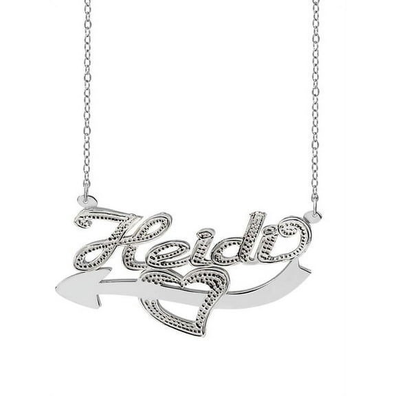 Personalized Sterling Silver or 14K Gold Plated Double Name Necklace w/Arrow thru Heart. W/Beading and Rhodium on Heart 18" Link Chain. Spring Ring Clasp