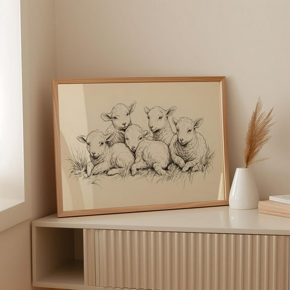 Vintage Baby Lamb Line Drawing – Farm Animal Ink Sketch Wall Art, Rustic Nursery Or Cottagecore Decor Wall Art, Modern Wall Decor, 8x12 UNFRAMED