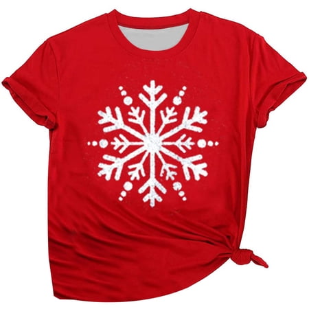 Stylish Women s T-Shirts Cute Christmas Snowflake Print Round Neck Short Sleeve Tee for Casual Wear