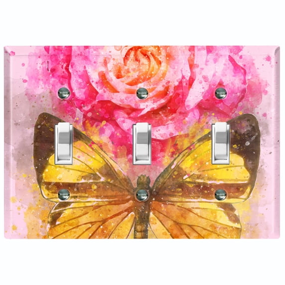 Metal Light Switch Plate Outlet Cover Pink Rose Flower Butterfly ROS003
