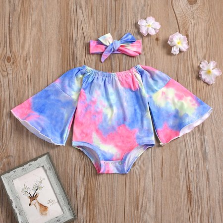 

EQWLJWE Toddler Baby Girls Fashion Cute Tie-dye Gradient Color Off Shoulder Trumpet Sleeve Romper Headdress Suit Girls Sets Holiday Clearance