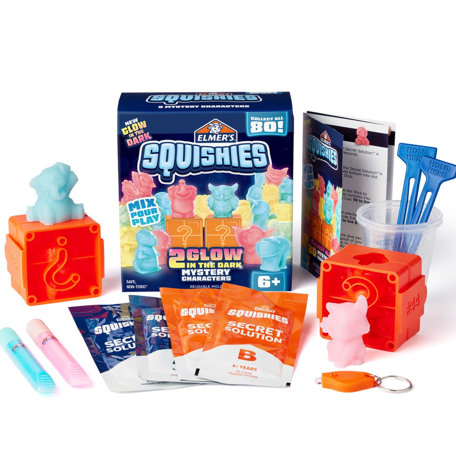 Elmer’s Squishies DIY Squishy Toy Kit, 2 Count Mystery Characters, Glow in the Dark Color