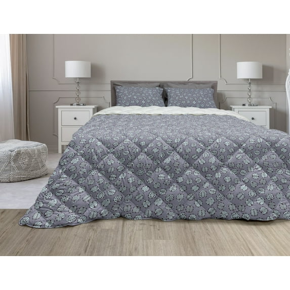 Ladybug Comforter & Sham Bedding Set, Floral Ornamental Bugs Best of Luck Insects of Nature with Leaf Patterns, 3 pcs Duvet Set Microfiber Filling Quilt, 5 Sizes, Purple Grey Pale Blue, by Ambesonne