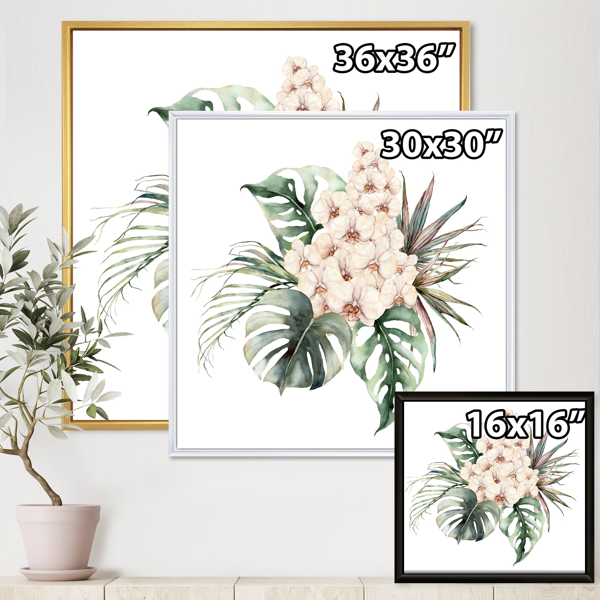 Designart 'Bouquet With Orchids Coconut Leaves and Monstera ' Traditional Framed Canvas Wall Art Print