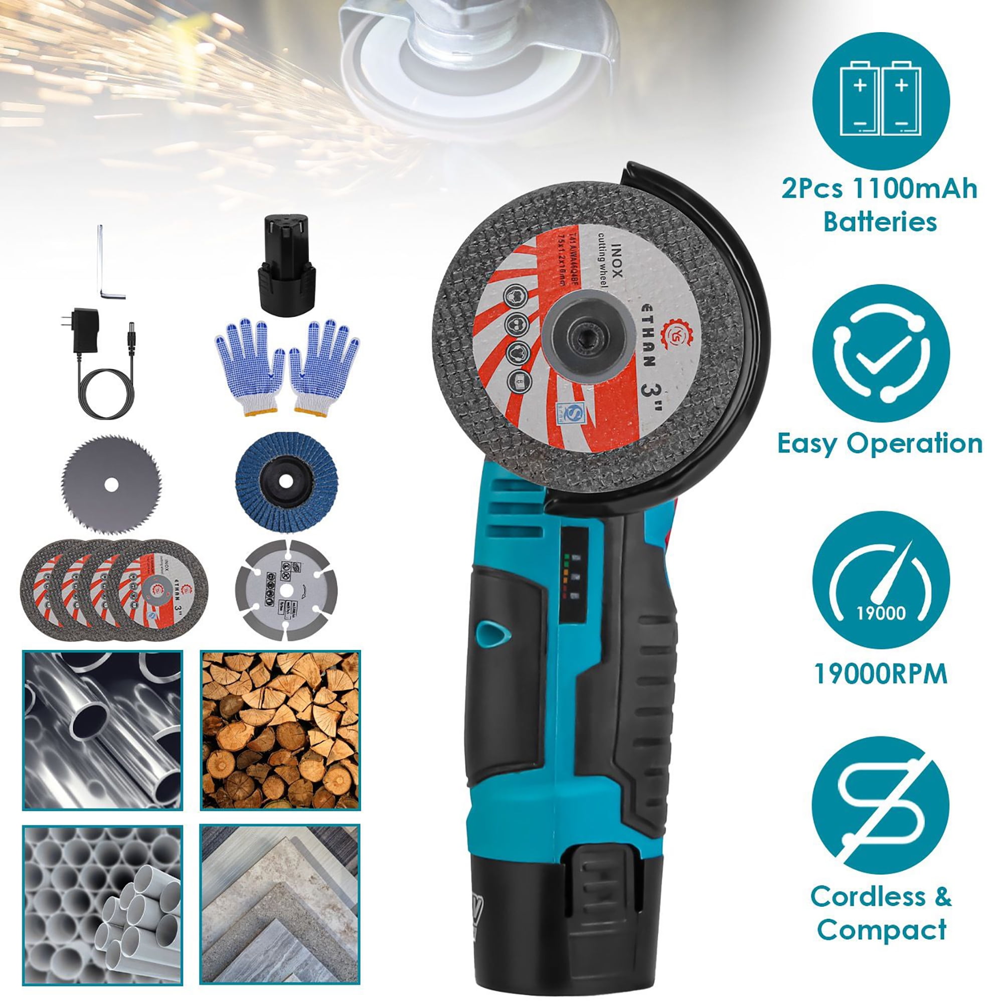Cordless Mini Angle Grinder Kit – 12V Rechargeable, Cutting Wheels & Sanding Disc, Compact for Metal, Tile & Wood