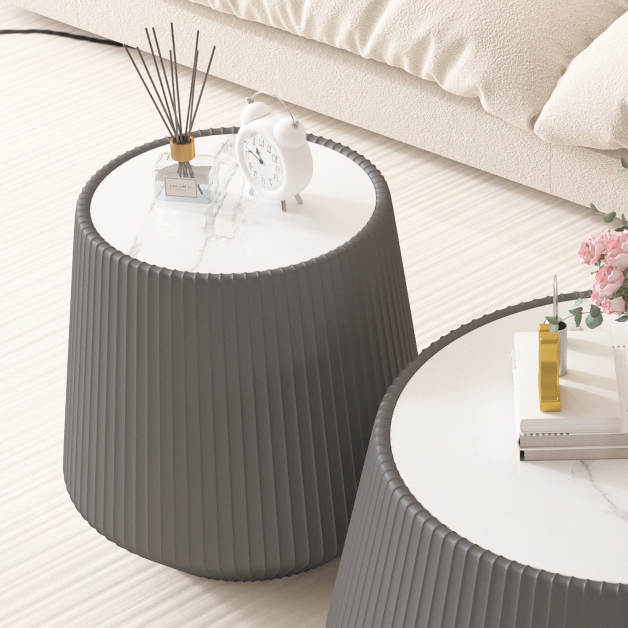 Leumius Light Sintered Stone Top Cup Shape Leather Coffee Modern Sofa Table for Apartment Living Room Furniture Grey 2