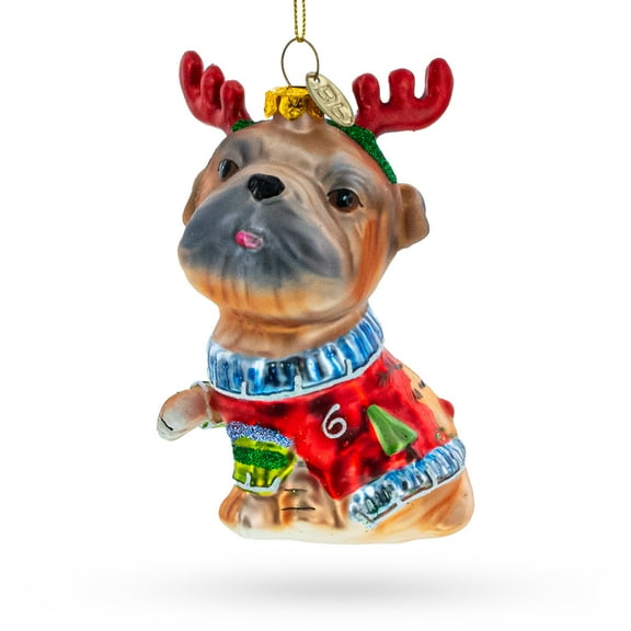 Pug Wearing Reindeer Antlers Glass Christmas Ornament