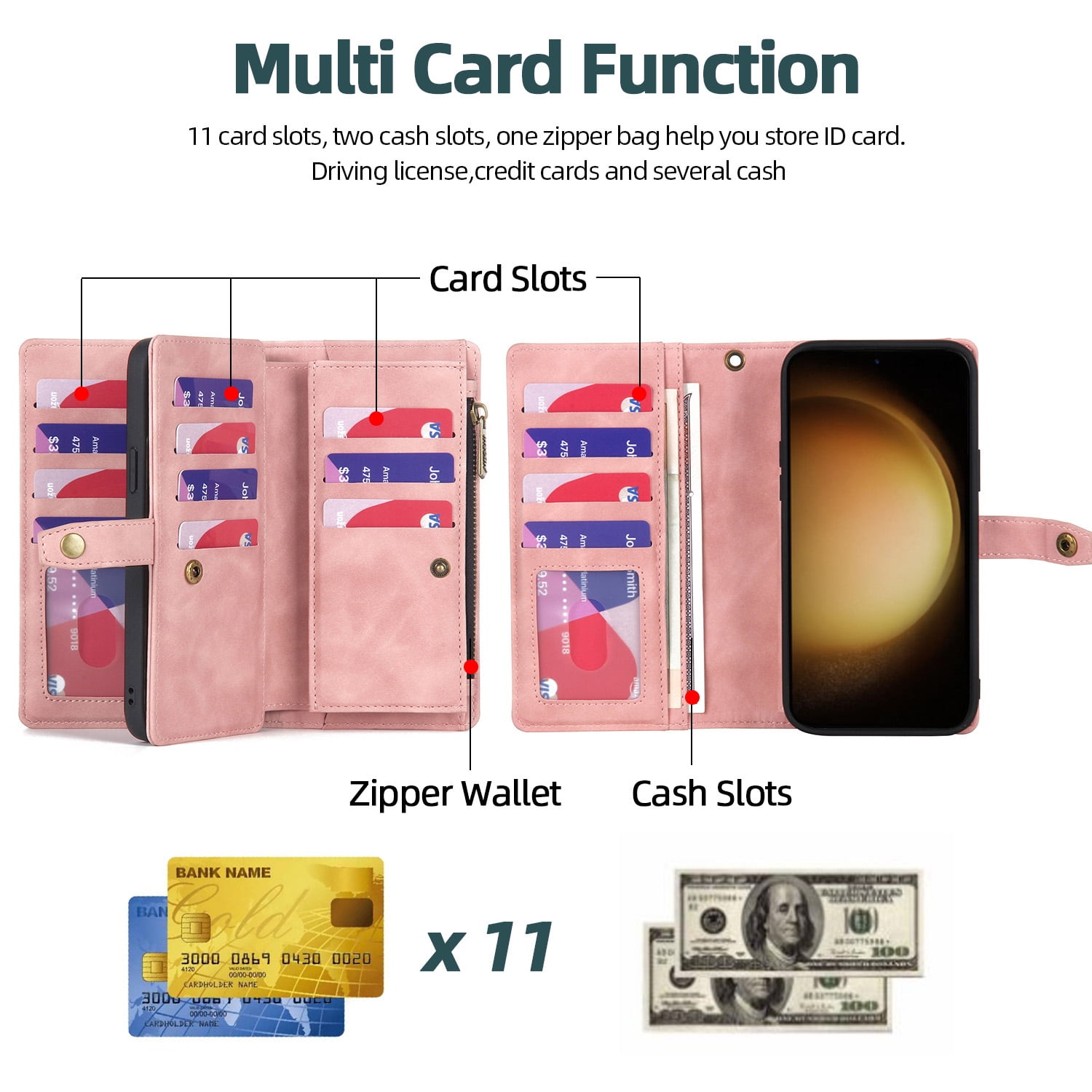 Dteck for Samsung Galaxy S23 FE Case, Samsung S23 FE Case Wallet for Women Men, Durable PU Leather Magnetic Flip Lanyard Strap Wristlet Zipper Card Holder Phone Cases for Galaxy S23 FE 5G,Pink