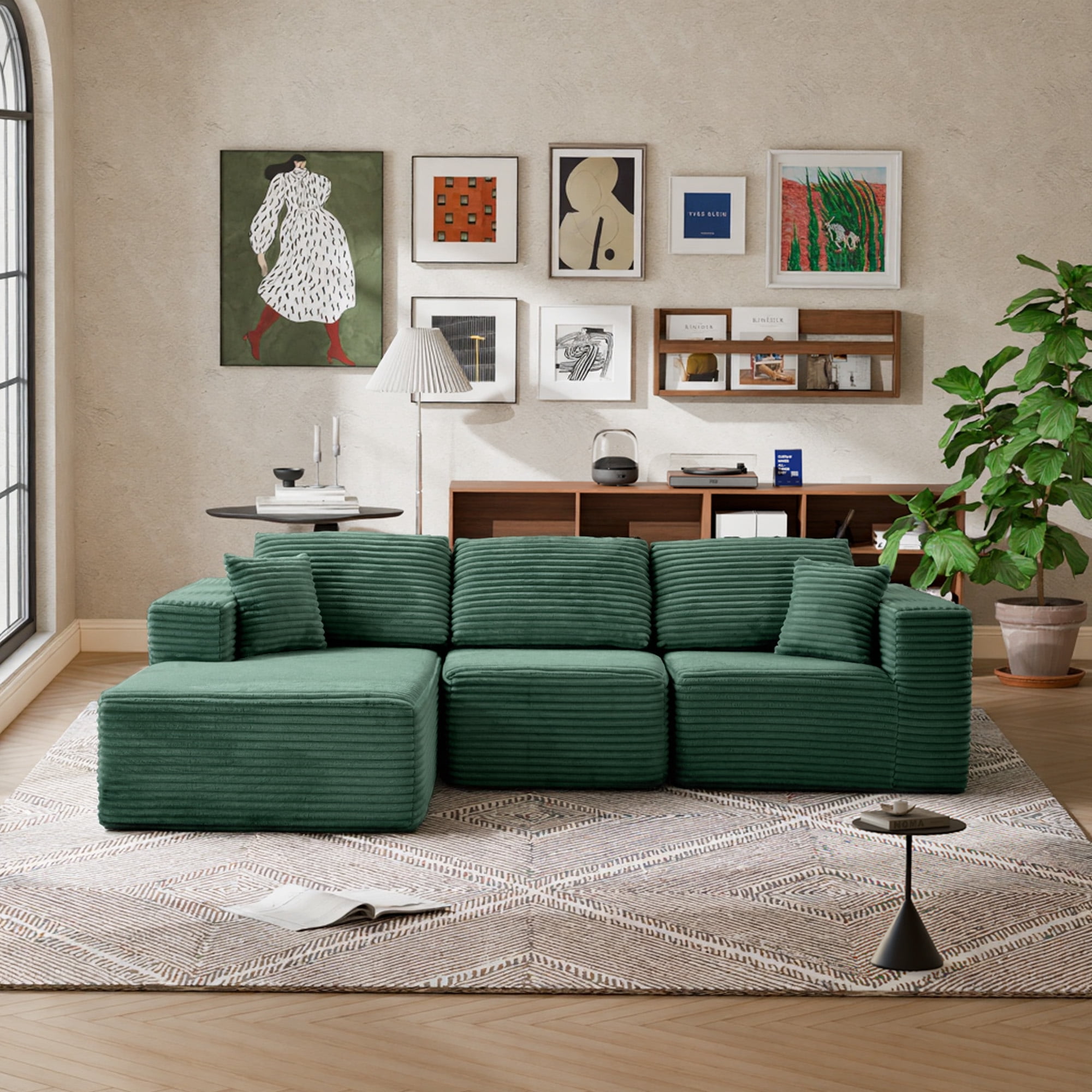 MAYEERTY Modern Corduroy Modular Sectional Sofa - Boneless Couch for Apartment, 104"W x 67"D Green