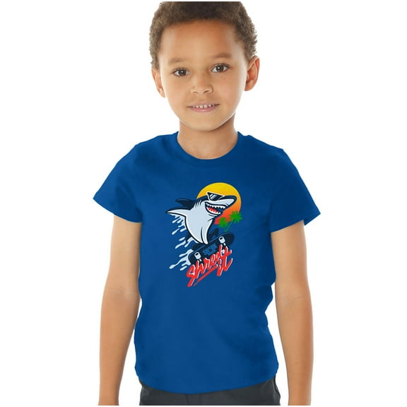 Shark Week Officially Licensed Skate Boarding Shark Kids T Shirt (4) for Toddler Boys and Girls, Royal