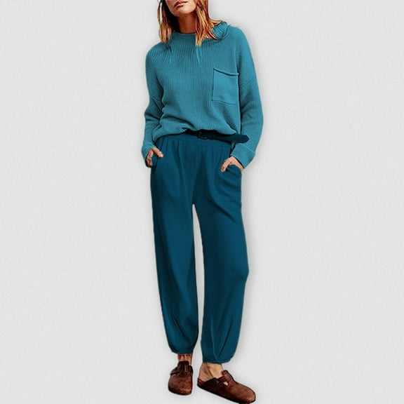 Women's Solid Color Knit Sweater Long Sleeve Loose Fit Pants Sporty Casual Pants Set Dressy Pant Suits for A Wedding Winter Wedding Pant Suits Petite Size Two Suit Women Snow Gear Outfit Two Piece