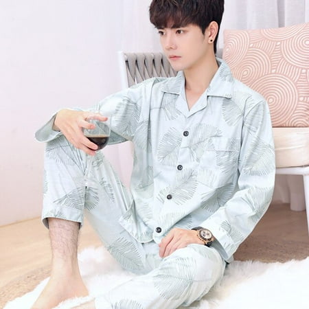 

DanceeMangoo Mens Pajama Set Autumn Winter Warm Man Pajamas Set Simple Sleepwear Long Sleeve Cotton Pajamas for Men Top Pant Leisure Outwear